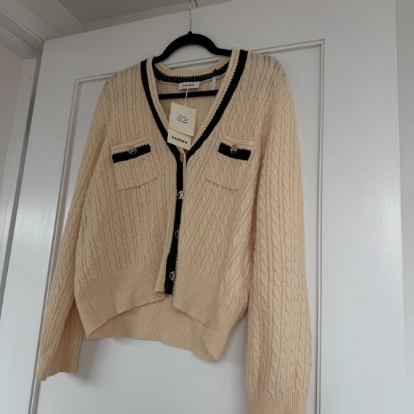 NWT Sandro Mercredi Cardigan Sweater Ecru Cable Knit V-Neck Wool Blend Contrast - Picture 5 of 10